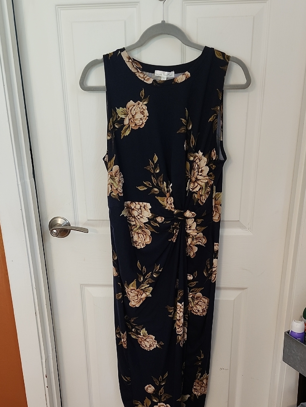 nine britton Navy Sleeveless Midi Dress with Cream Floral Print